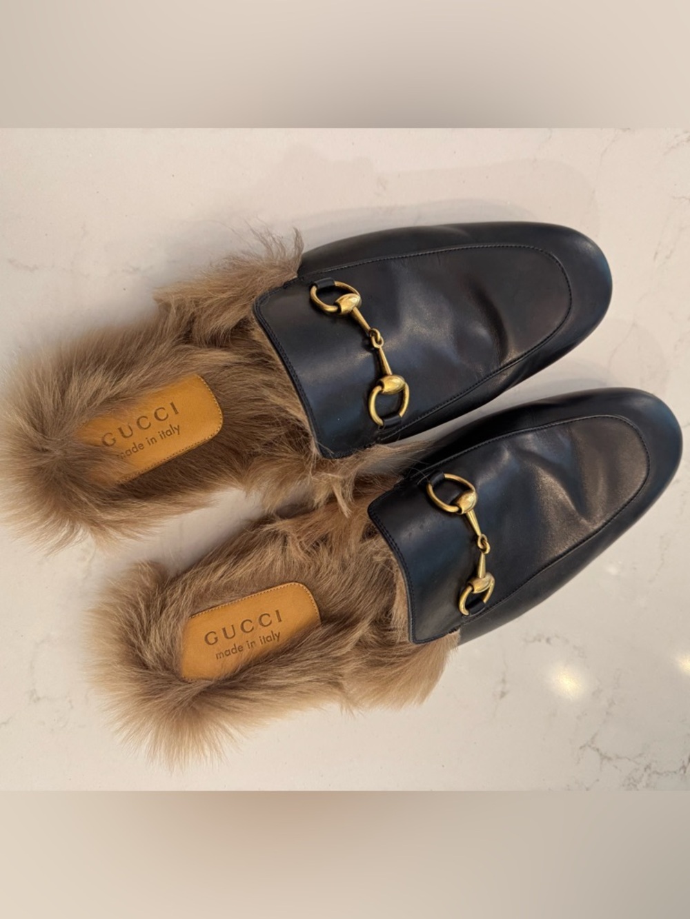 Gucci Black Leather Fur-Lined Horsebit Princetown Mules with Gold Hardware